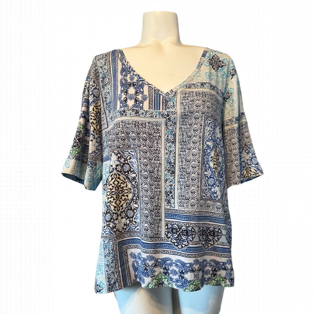 Chico’s Mosaic Patchwork Patterned Top Blue Yellow 3 16 XL